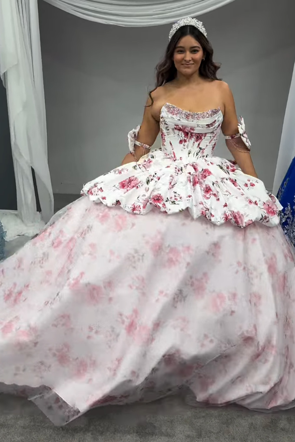 Princess White Pink Flower Long Corset Quinceanera Dress with Bows