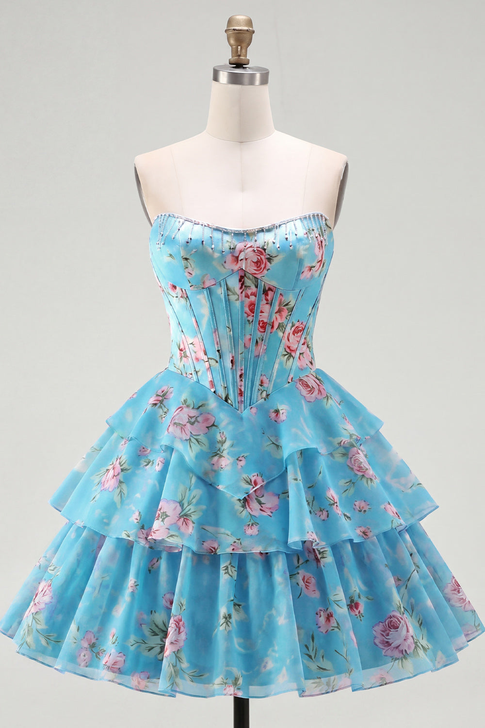 Berlinnova Blue Floral Corset Short Homecoming Dress with Ruffles Strapless A Line Cocktail Dress