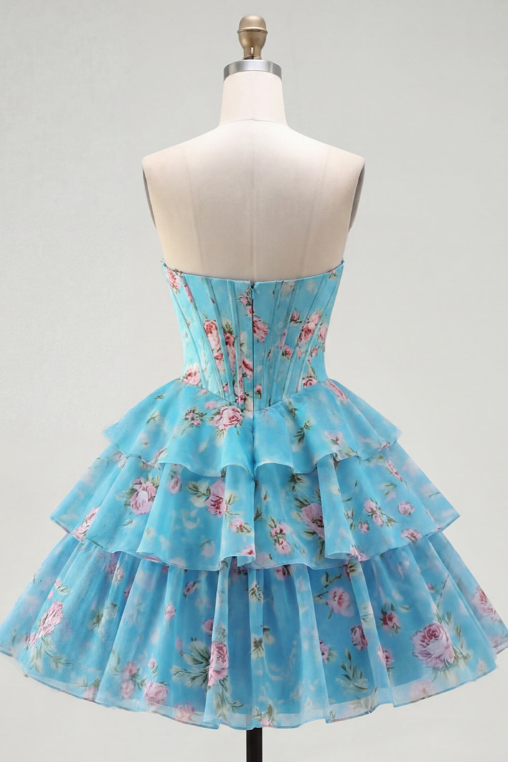 Blue A Line Floral Corset Short Fringed Strapless Homecoming Dress with Ruffles