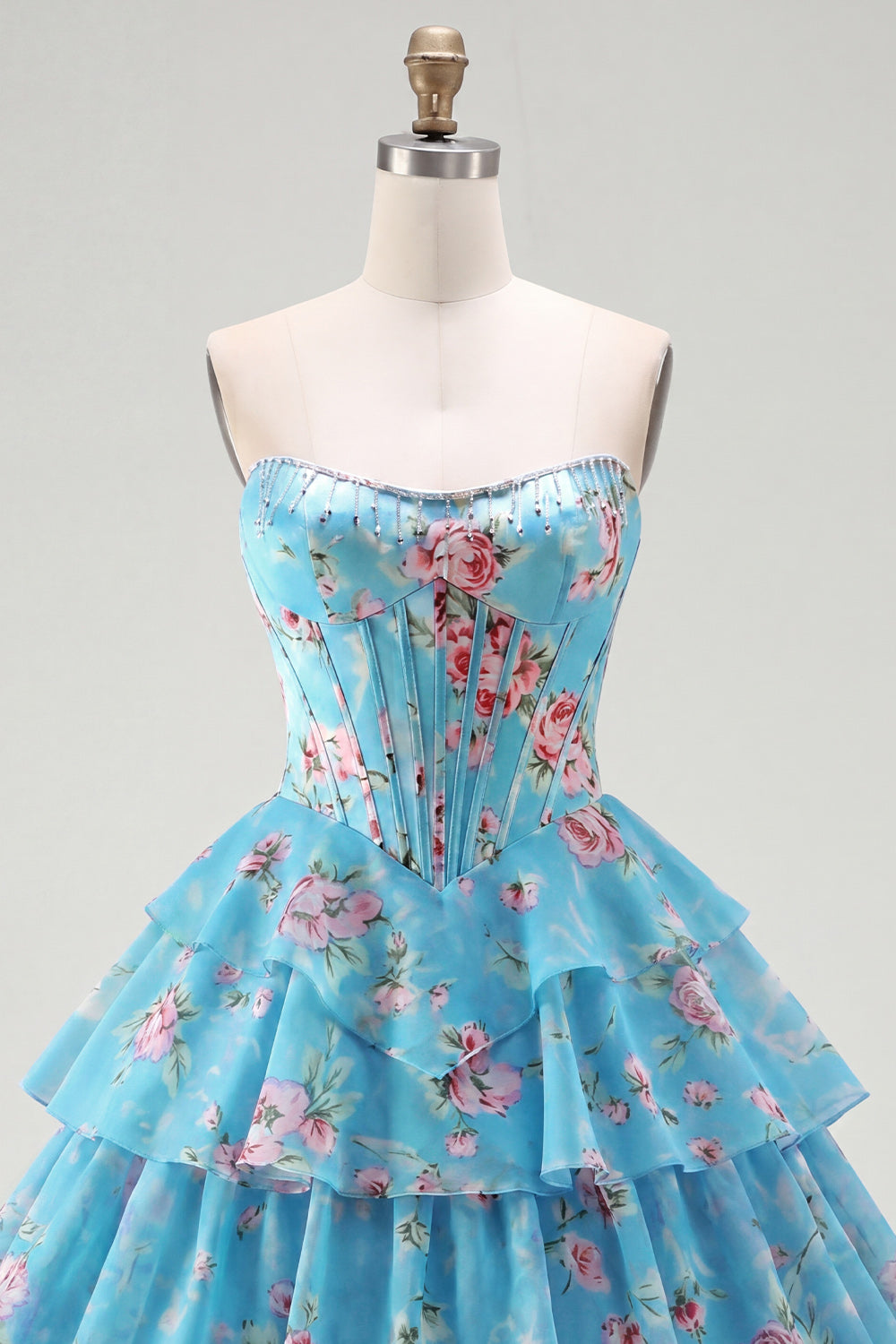 Blue A Line Floral Corset Short Fringed Strapless Homecoming Dress with Ruffles