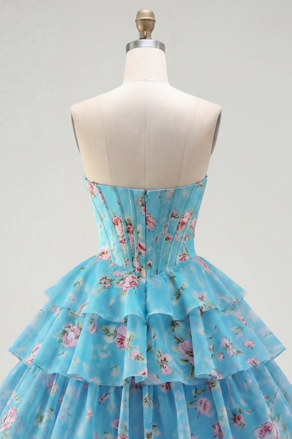 Blue A Line Floral Corset Short Fringed Strapless Homecoming Dress with Ruffles
