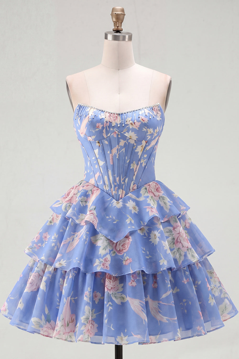 Berlinnova Dark Blue Strapless A Line Floral Corset Short Pom Dress with Ruffles