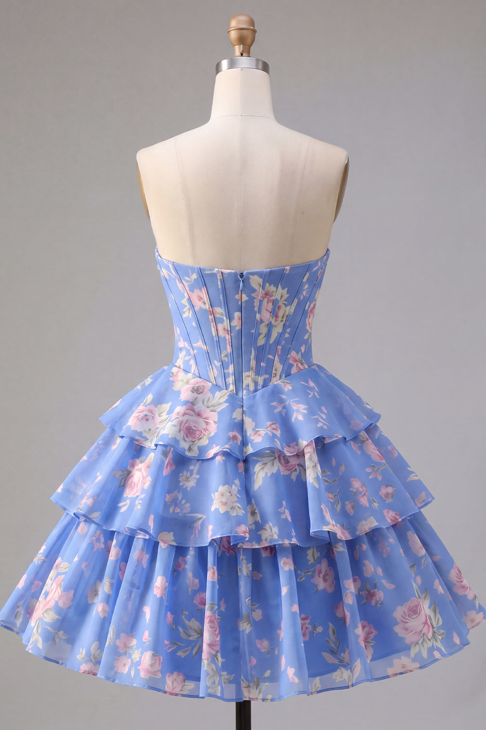 Blue A Line Floral Corset Short Fringed Strapless Homecoming Dress with Ruffles