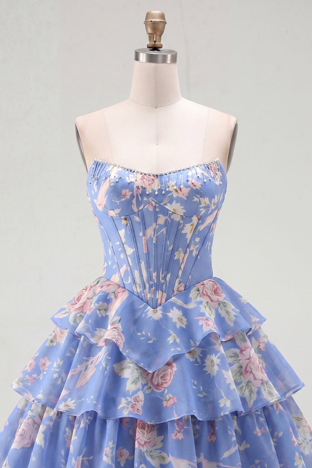 Blue A Line Floral Corset Short Fringed Strapless Homecoming Dress with Ruffles
