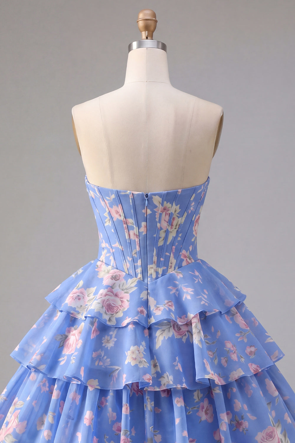 Blue A Line Floral Corset Short Fringed Strapless Homecoming Dress with Ruffles