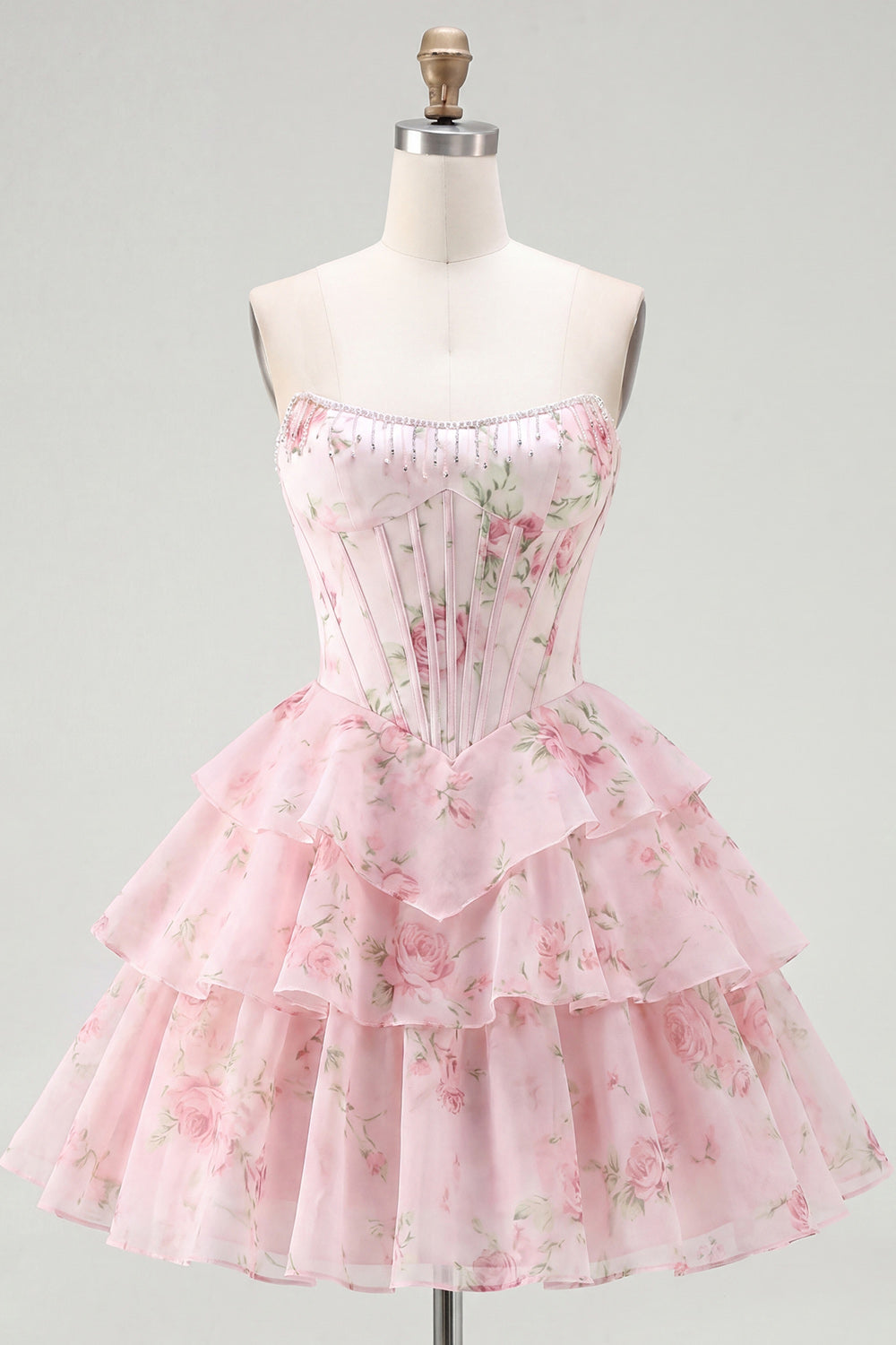Blue A Line Floral Corset Short Fringed Strapless Homecoming Dress with Ruffles