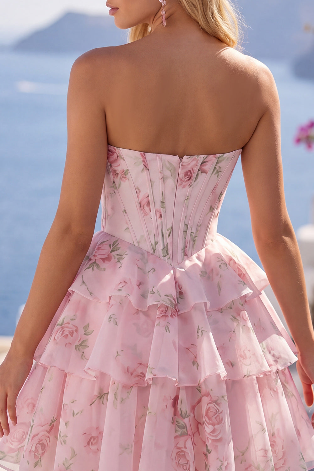 Blue A Line Floral Corset Short Fringed Strapless Homecoming Dress with Ruffles