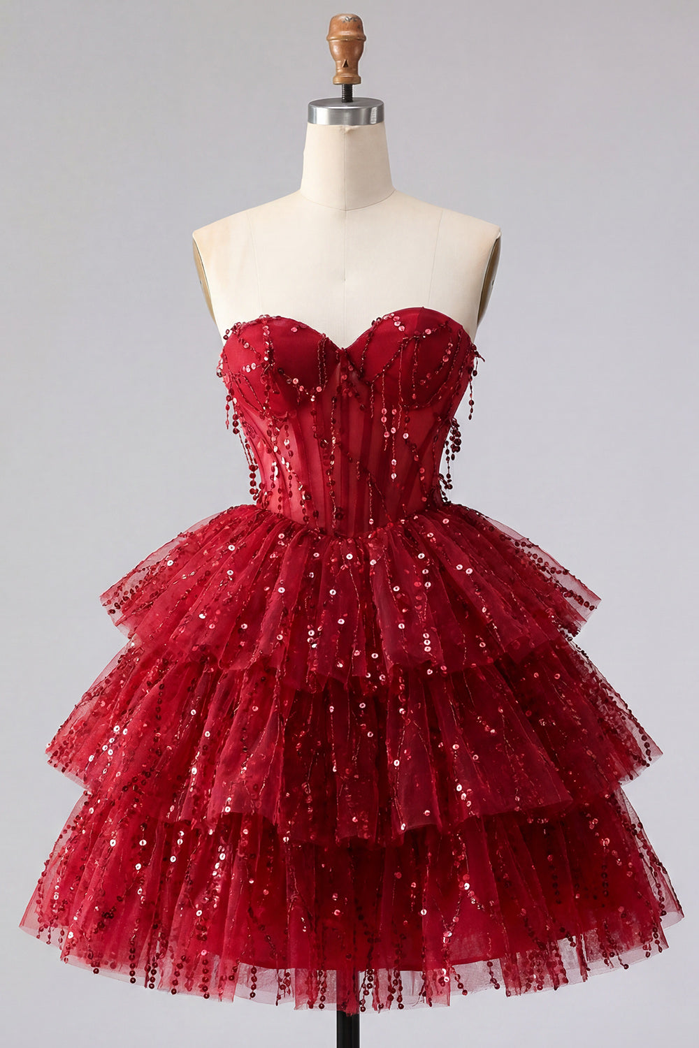Burgundy Short A Line Sparkly Strapless Beaded Corset Homecoming Dress