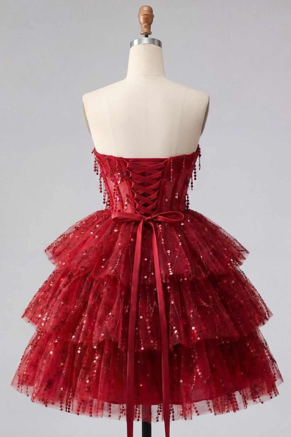 Burgundy Short A Line Sparkly Strapless Beaded Corset Homecoming Dress