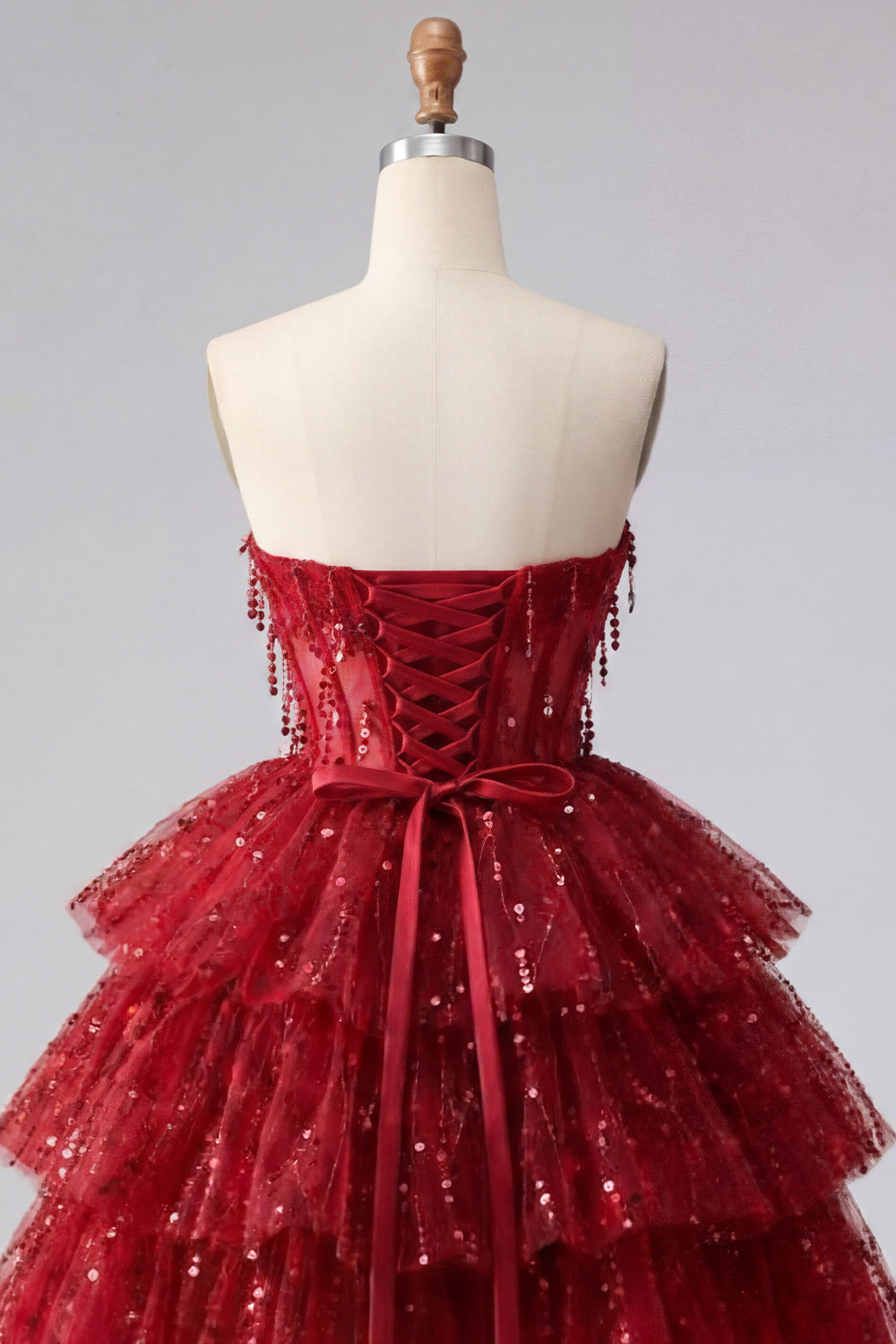 Burgundy Short A Line Sparkly Strapless Beaded Corset Homecoming Dress