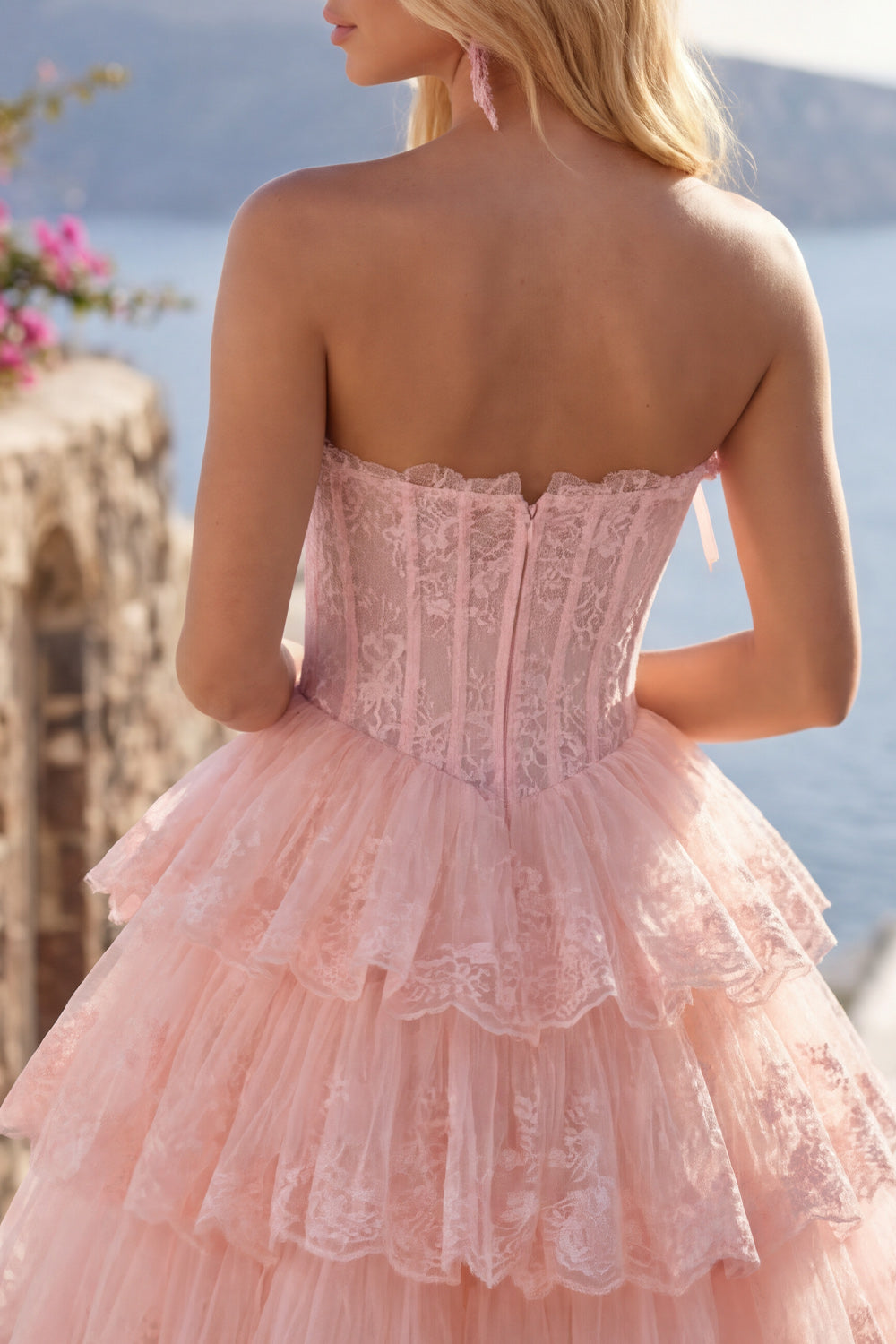 A Line Lilac Floral Corset Short Strapless Homecoming Dress with Ruffles