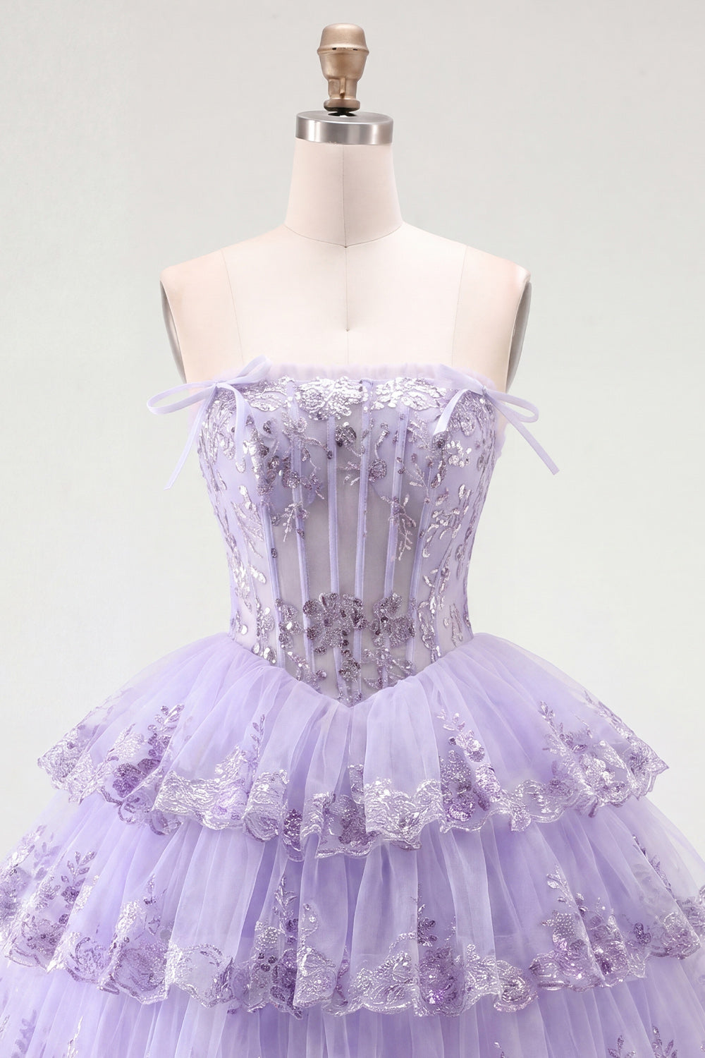 A Line Lilac Floral Corset Short Strapless Homecoming Dress with Ruffles