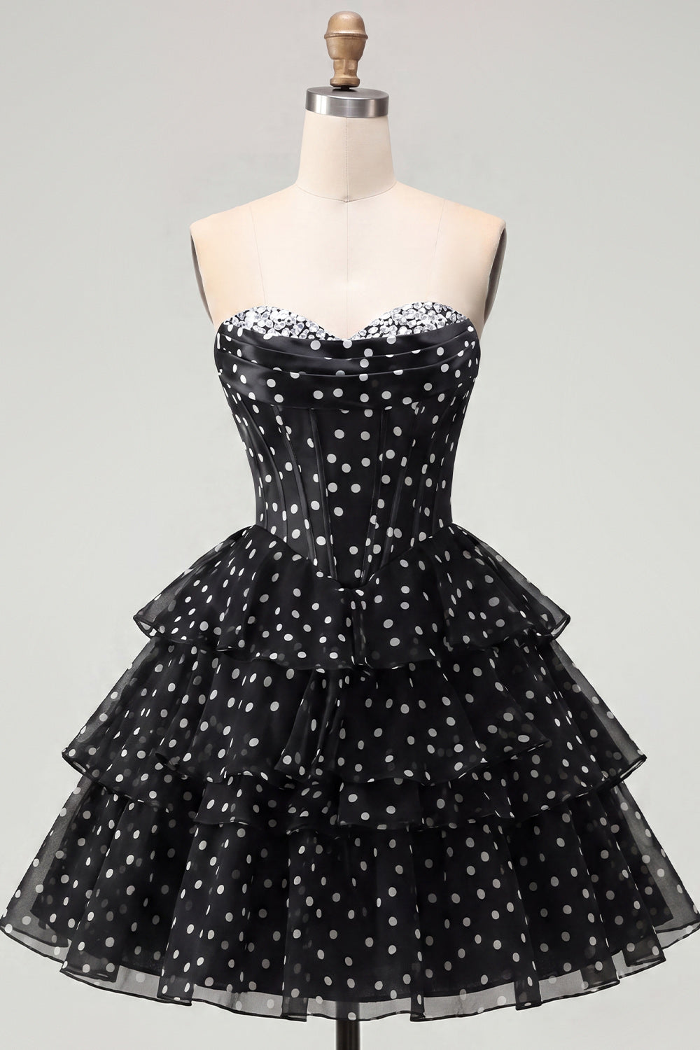 White Polka Dots A Line Short Strapless Corset Homecoming Dress with Ruffles