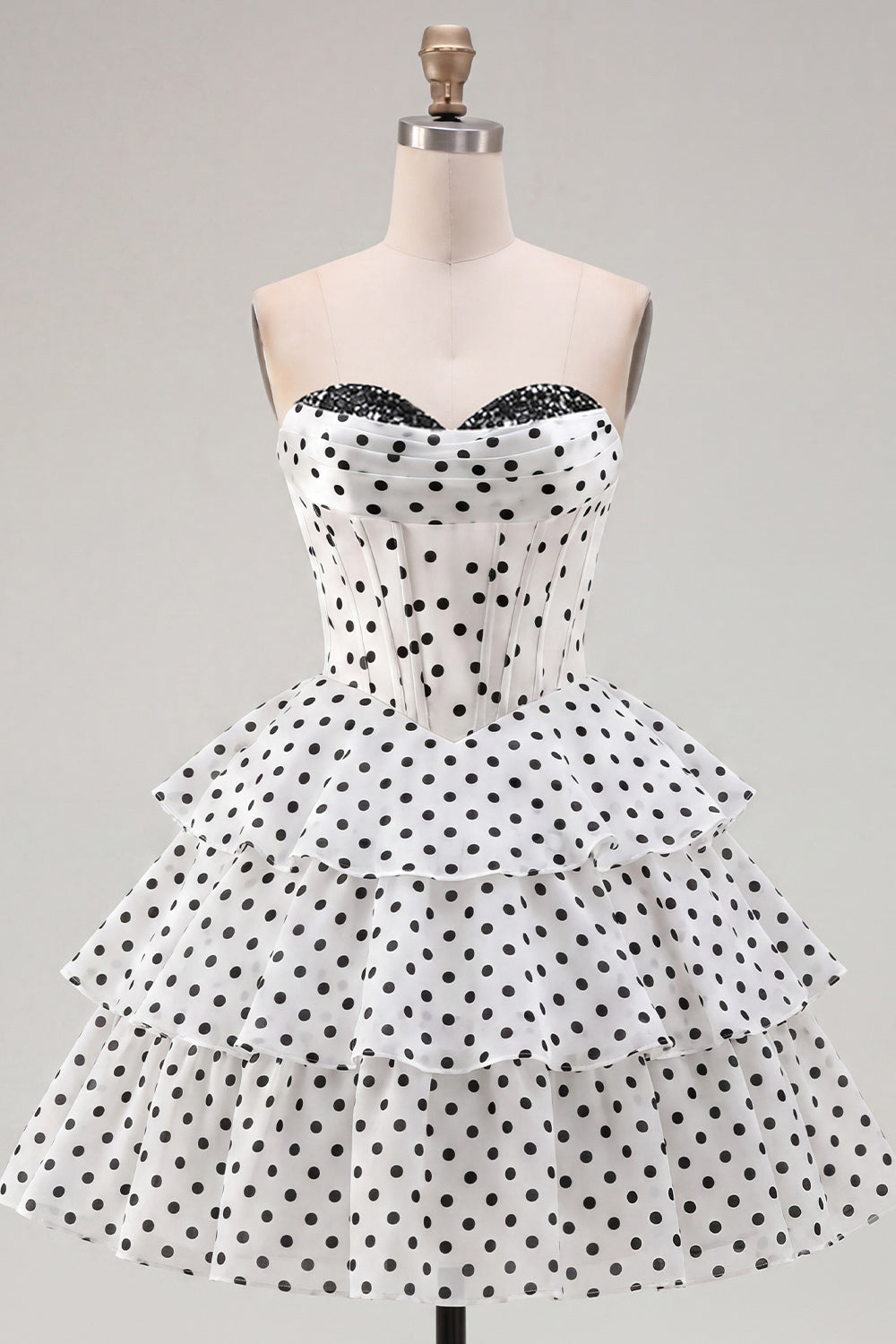 White Polka Dots A Line Short Strapless Corset Homecoming Dress with Ruffles