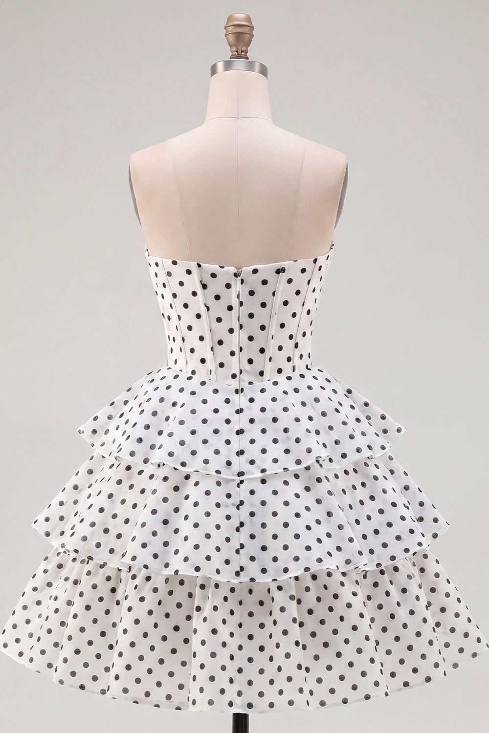 White Polka Dots A Line Short Strapless Corset Homecoming Dress with Ruffles