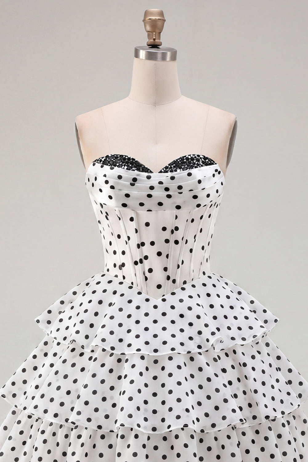 White Polka Dots A Line Short Strapless Corset Homecoming Dress with Ruffles