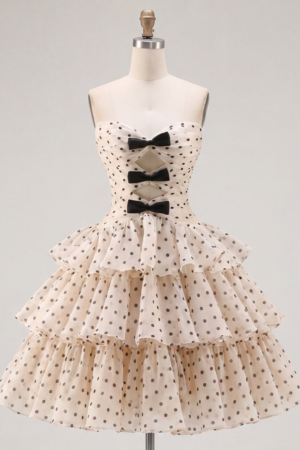 Apricot and Black Dot Strapless A Line Short Keyhole Homecoming Dress