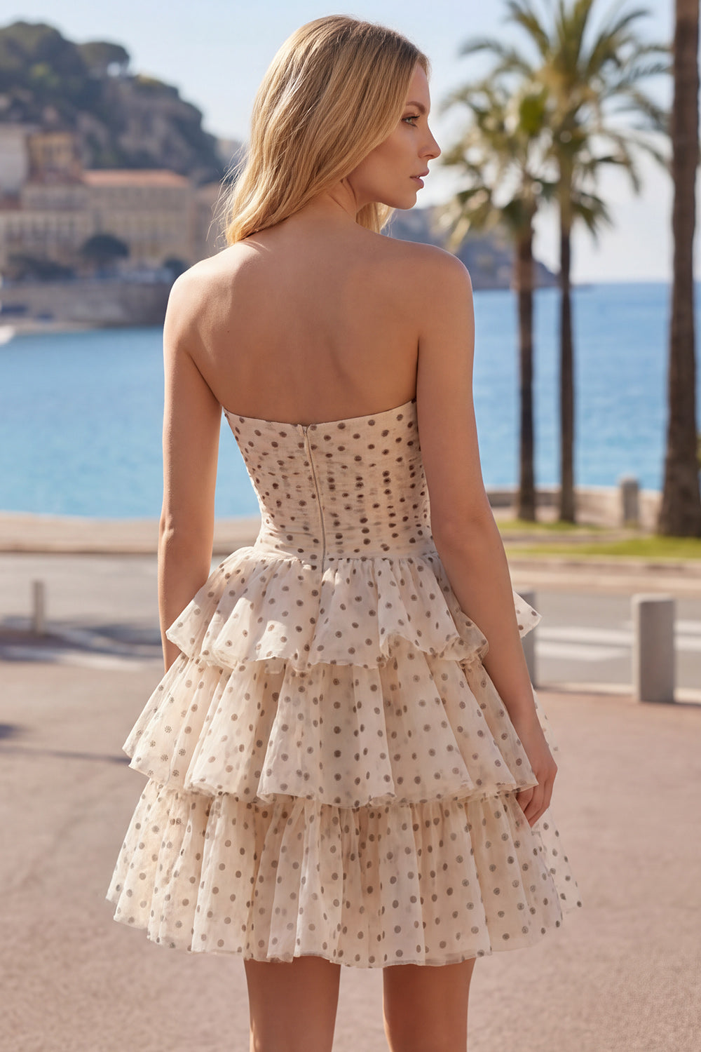 Apricot and Black Dot Strapless A Line Short Keyhole Homecoming Dress