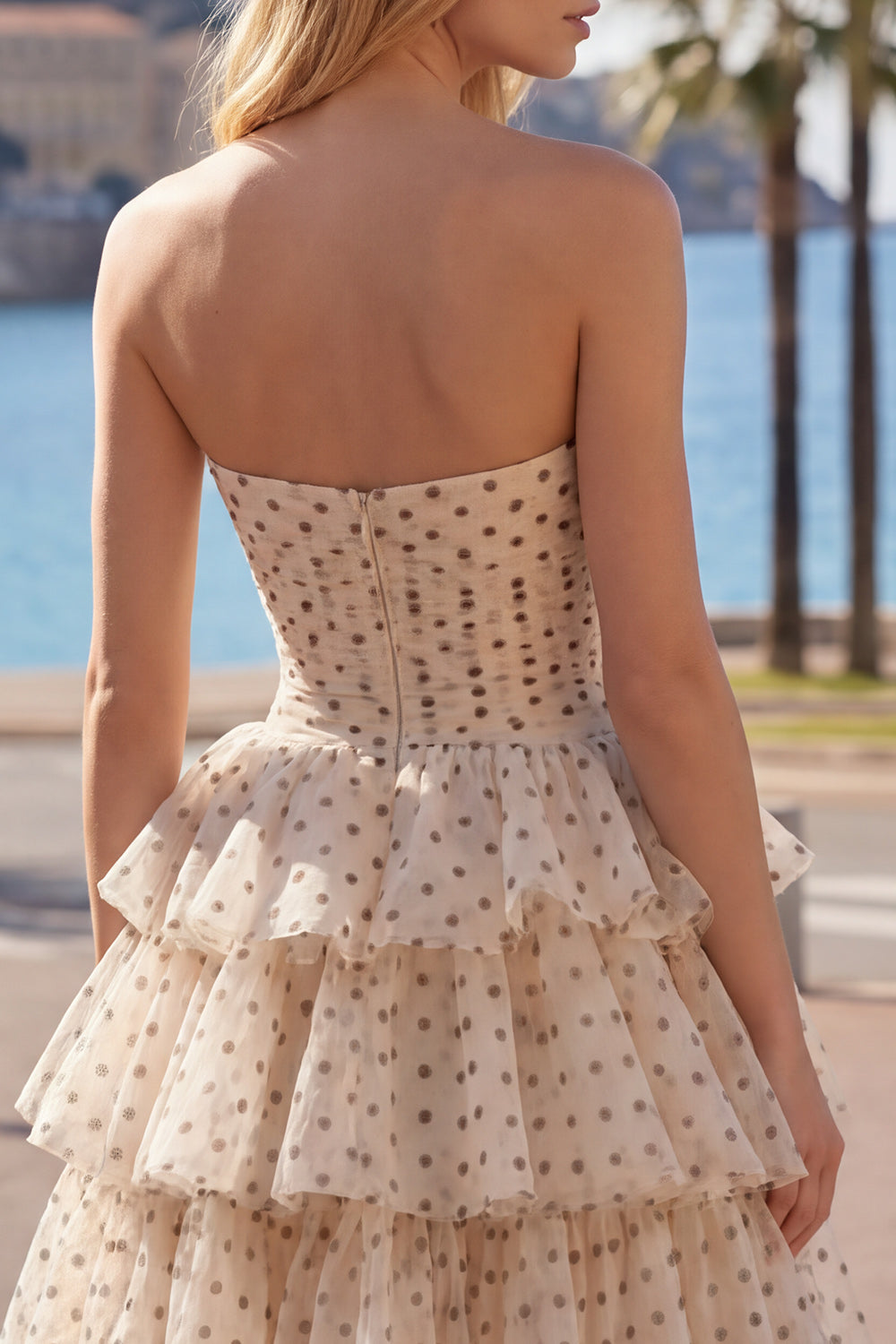 Apricot and Black Dot Strapless A Line Short Keyhole Homecoming Dress