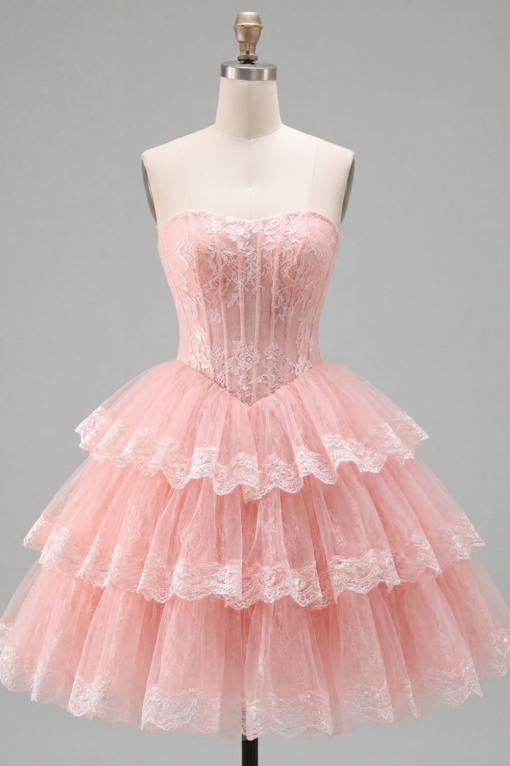 Pink Floral Corset Lace Strapless Short Homecoming Dress with Ruffles