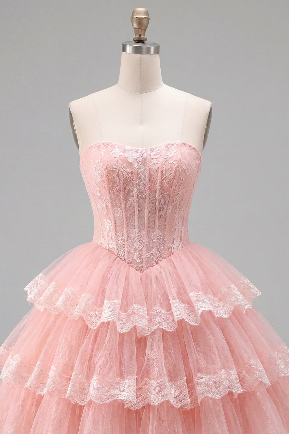 Pink Floral Corset Lace Strapless Short Homecoming Dress with Ruffles