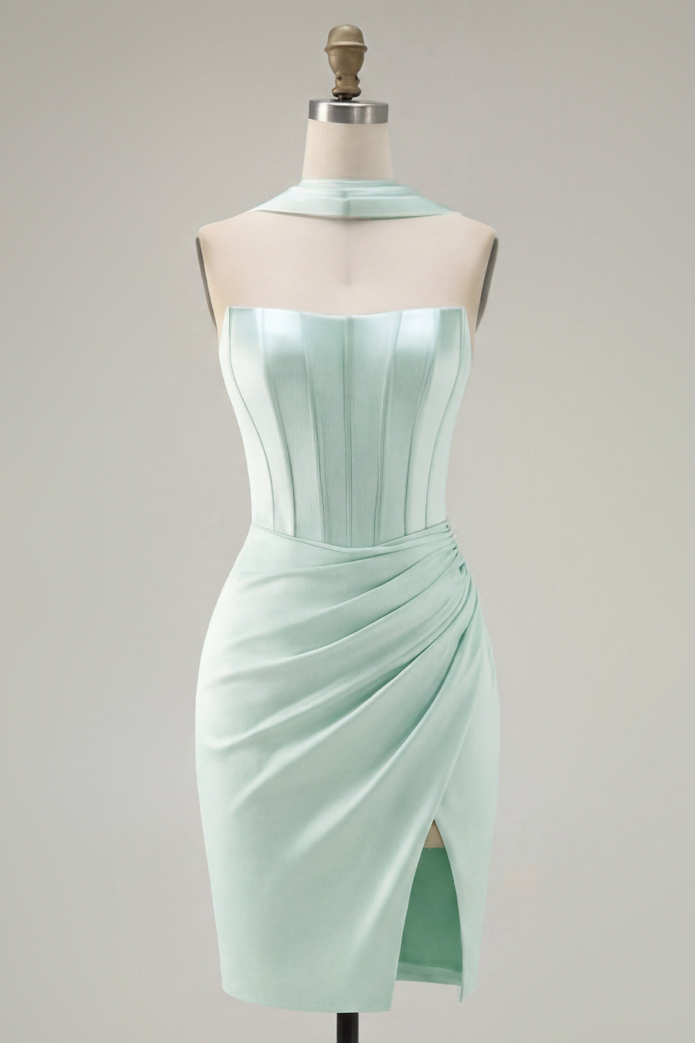 Mint Corset Ruched Short Tight Strapless Homecoming Dress with Slit