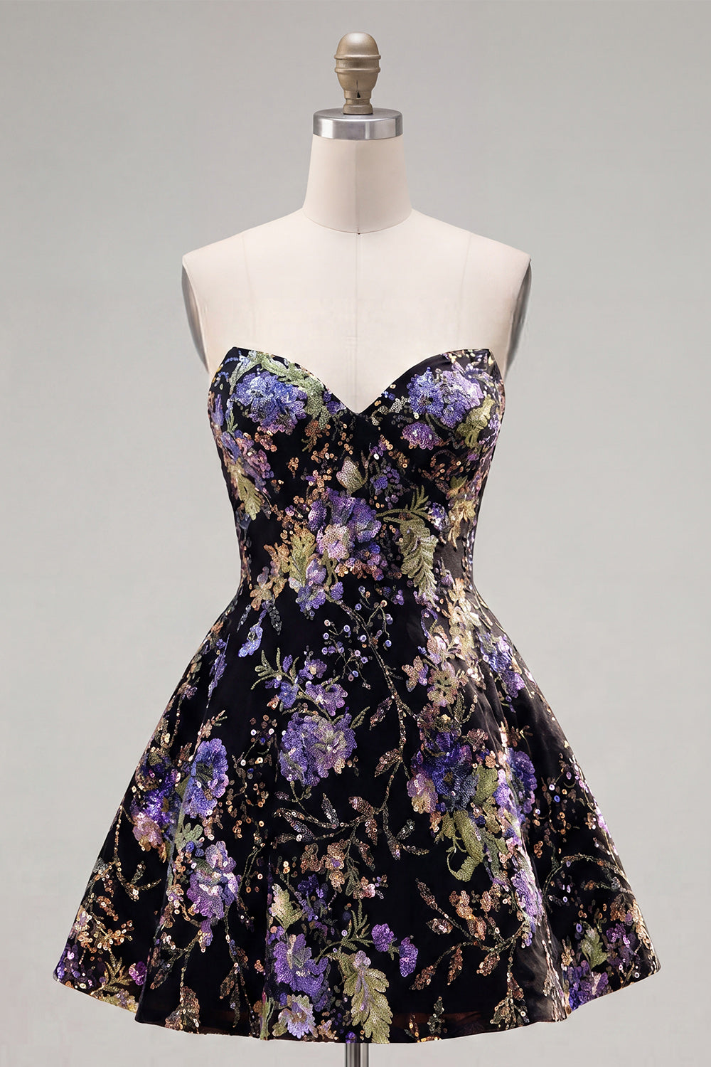 Sparkly Black Floral Beaded A Line Short Strapless Homecoming Dress