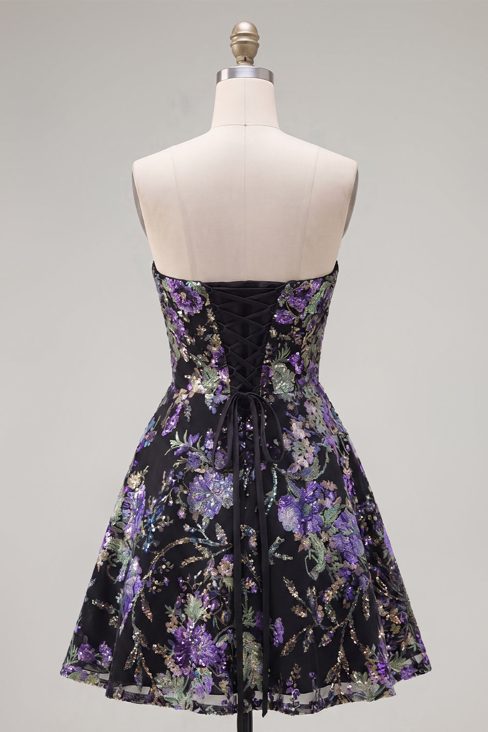 Sparkly Black Floral Beaded A Line Short Strapless Homecoming Dress