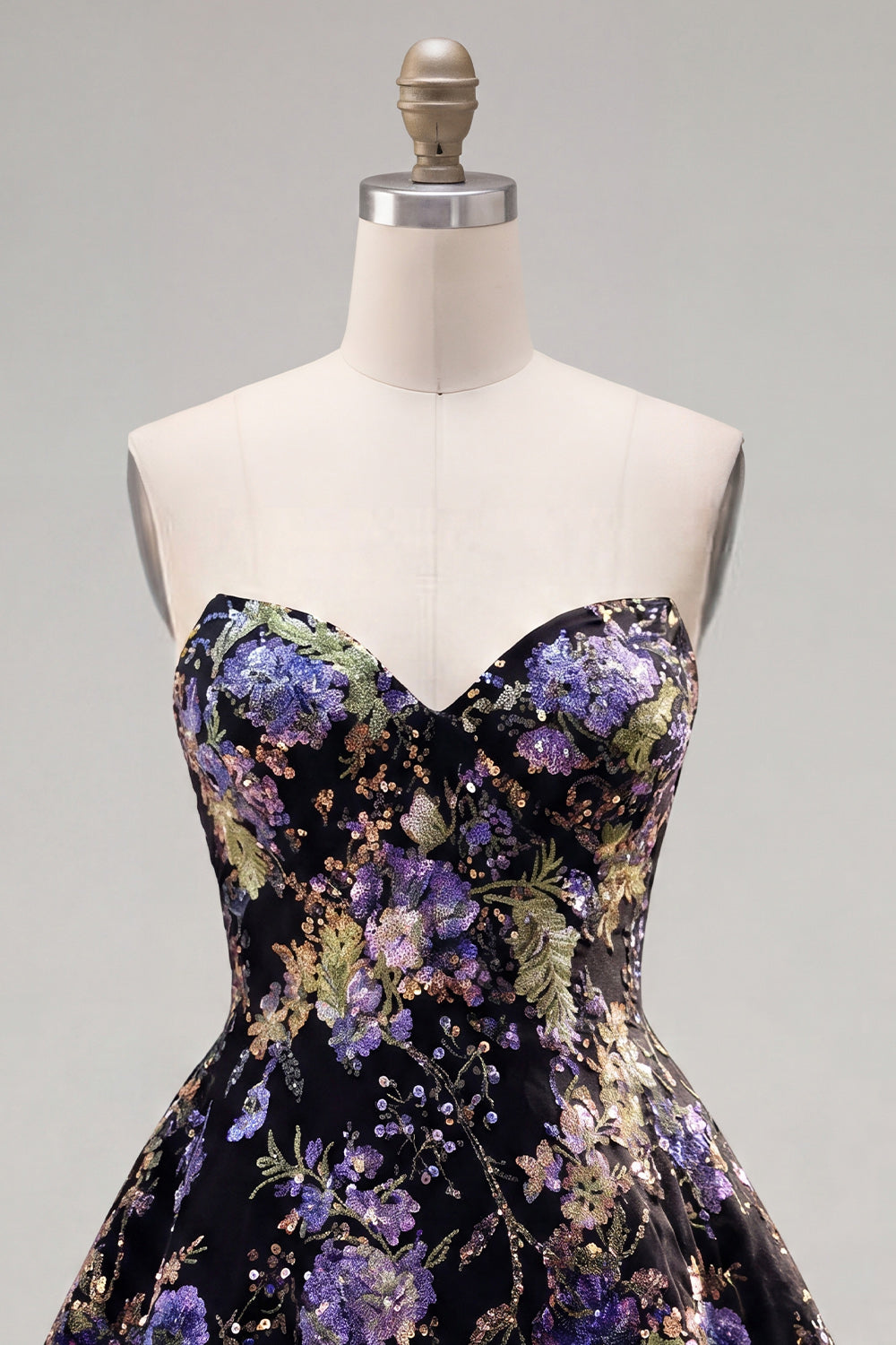 Sparkly Black Floral Beaded A Line Short Strapless Homecoming Dress