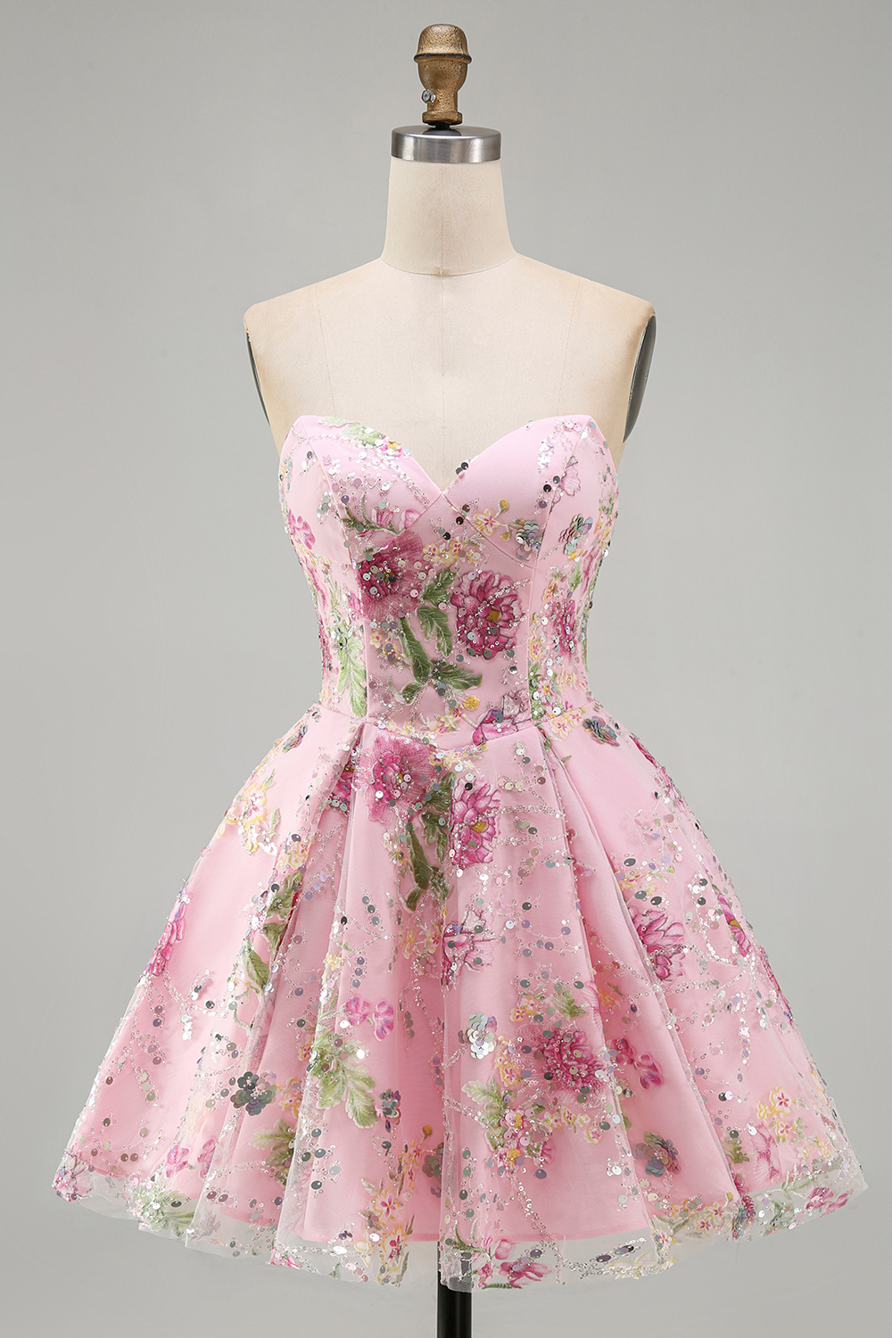 Sparkly Black Floral Beaded A Line Short Strapless Homecoming Dress