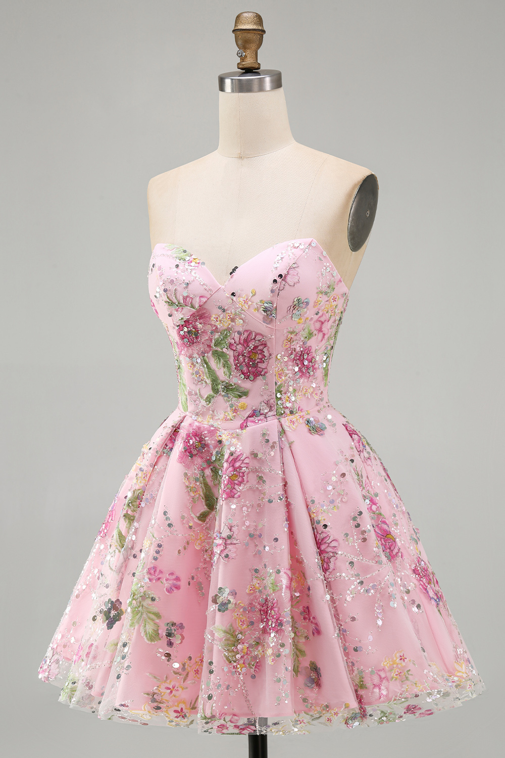 Sparkly Black Floral Beaded A Line Short Strapless Homecoming Dress