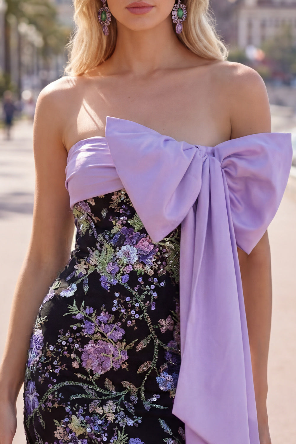 Sparkly Black Short Floral Tight Strapless Sequin Homecoming Dress with Bow