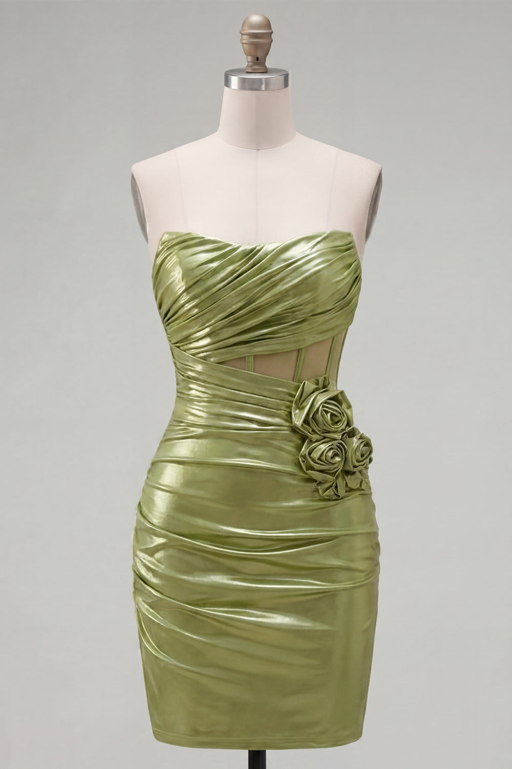 Green Ruched Corset Short Tight Strapless Homecoming Dress with 3D Flowers