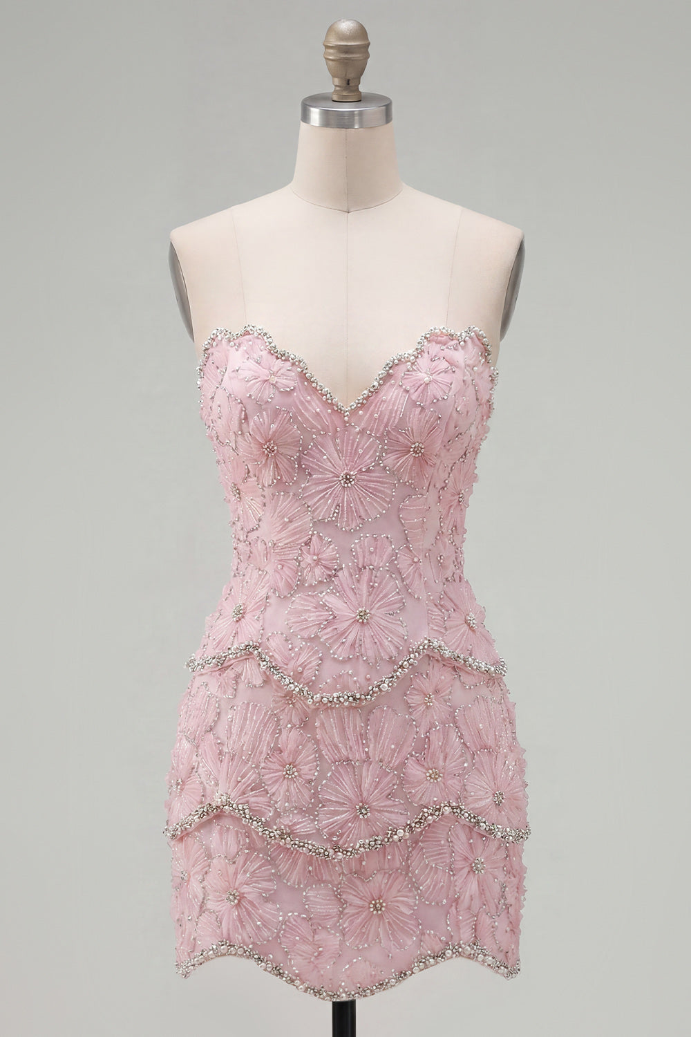 Sparkly Pink Floral Strapless Tight Short Homecoming Dress with Pearls