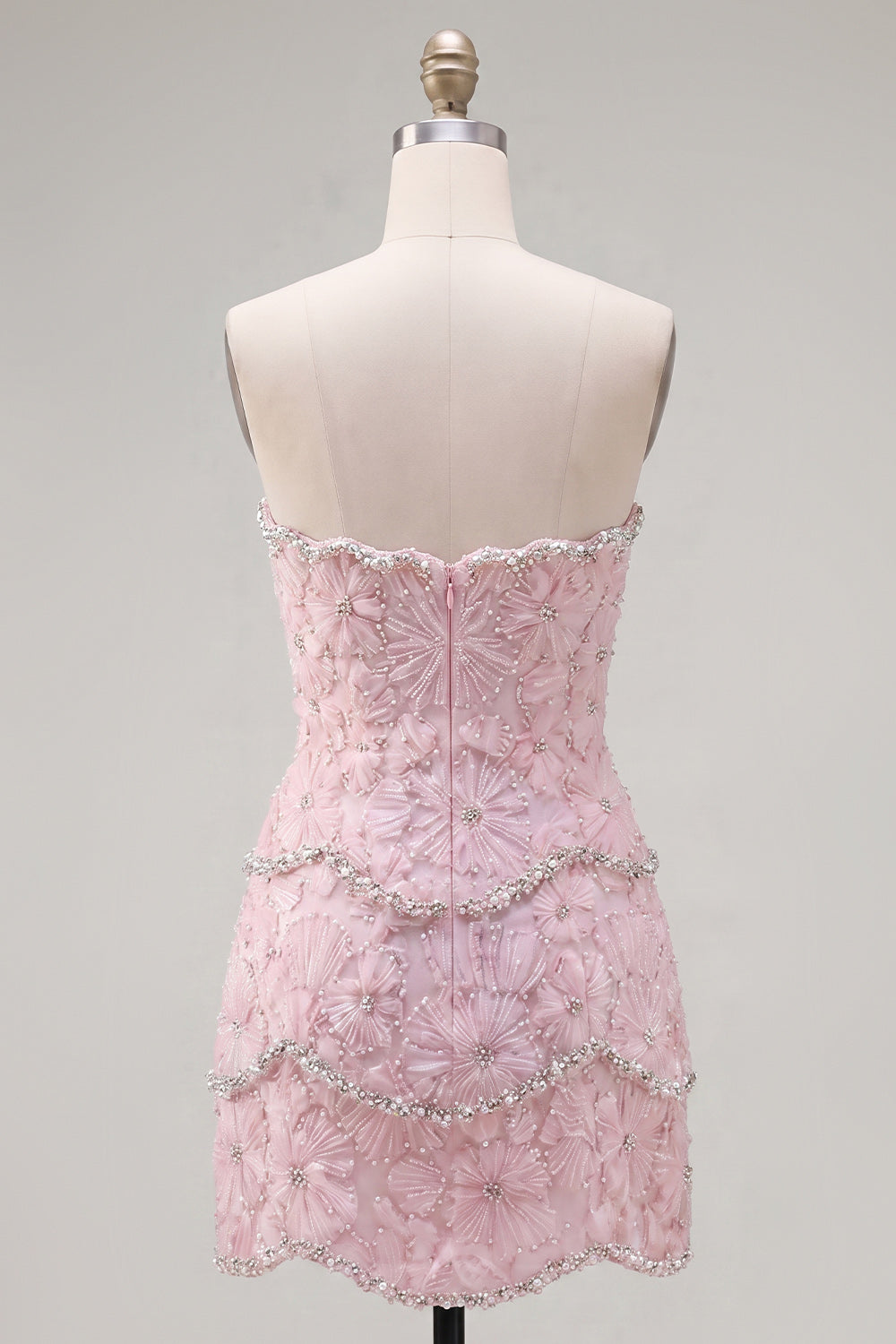 Sparkly Pink Floral Strapless Tight Short Homecoming Dress with Pearls