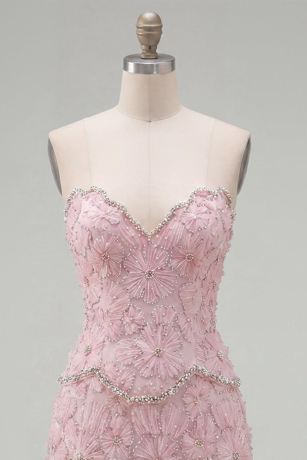 Sparkly Pink Floral Strapless Tight Short Homecoming Dress with Pearls