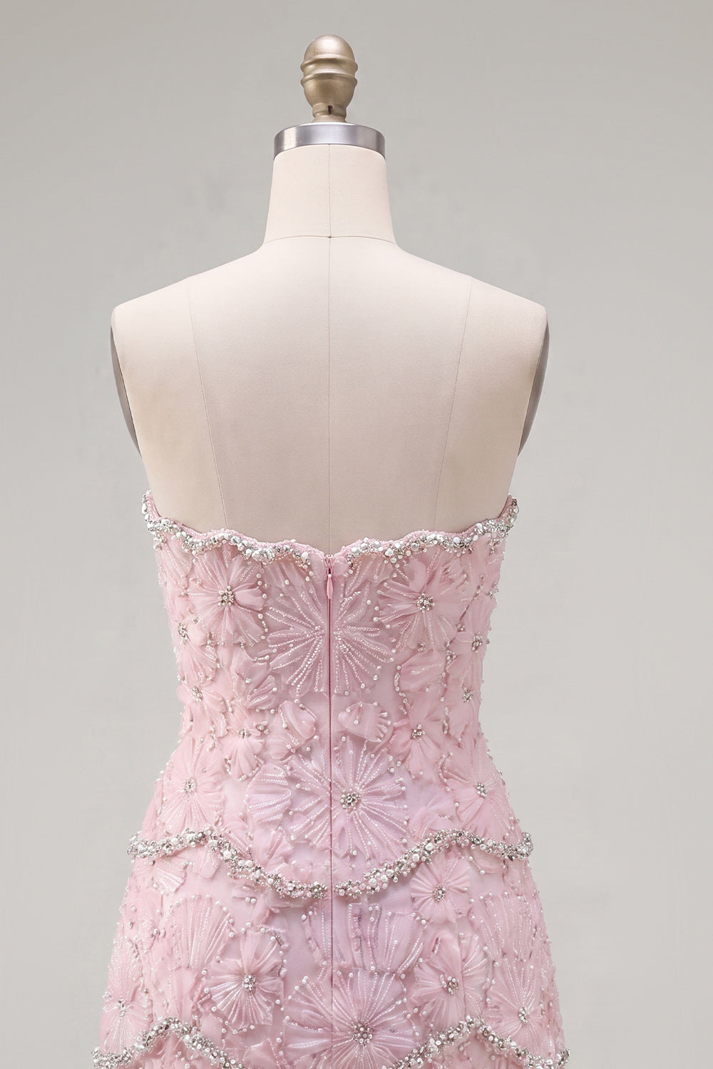 Sparkly Pink Floral Strapless Tight Short Homecoming Dress with Pearls