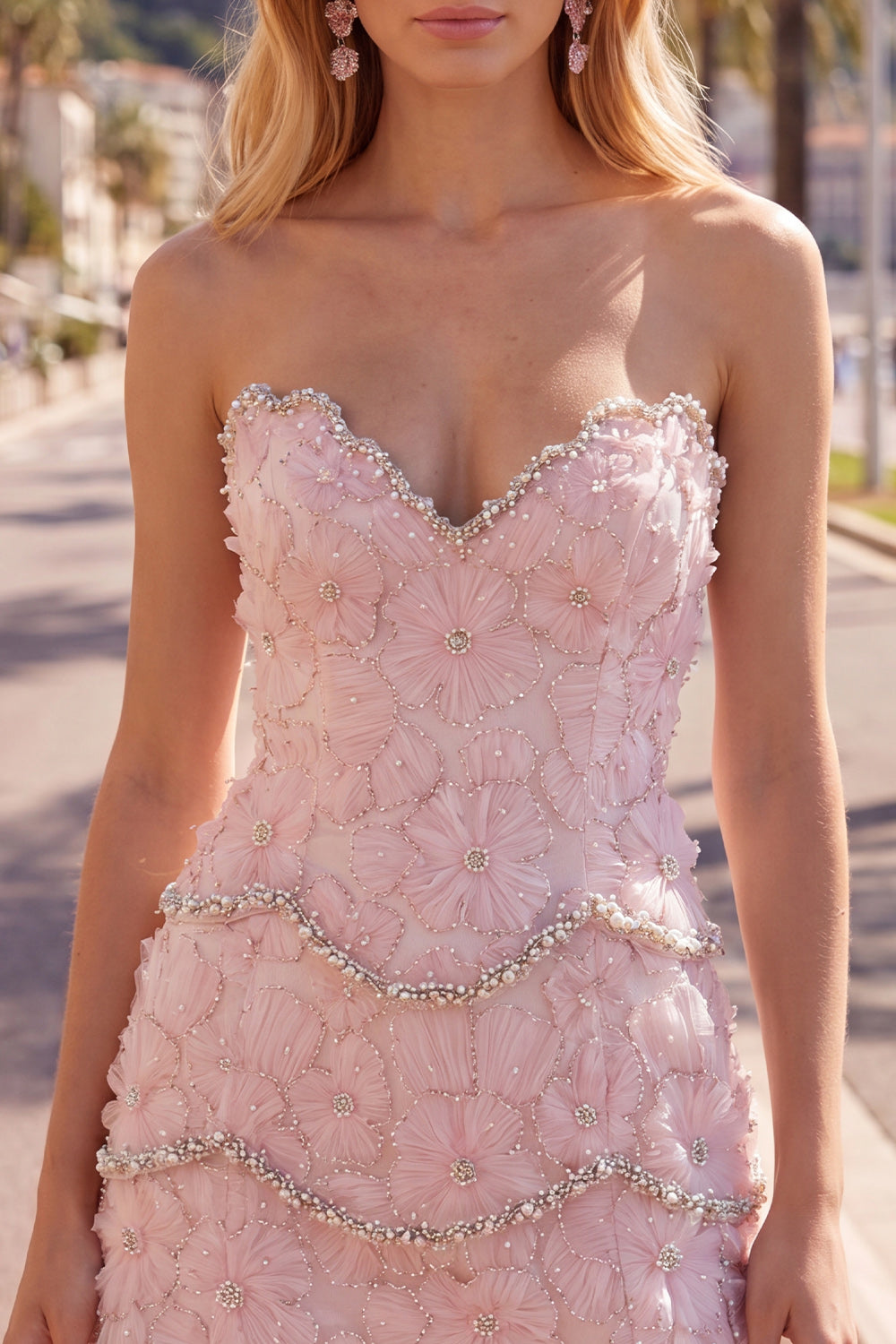 Sparkly Pink Floral Strapless Tight Short Homecoming Dress with Pearls