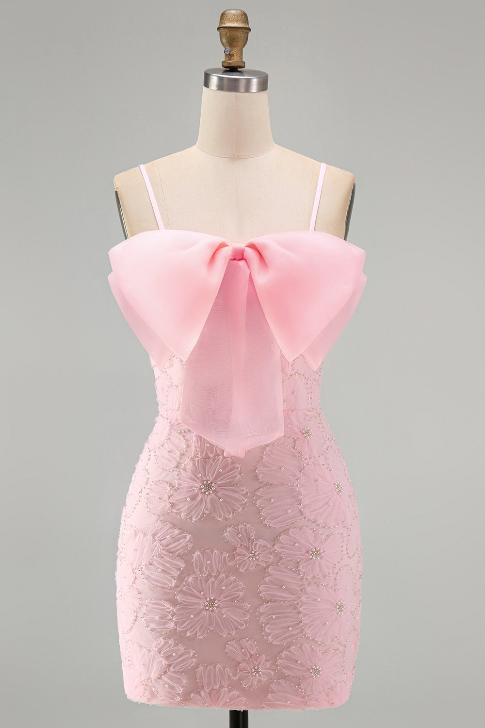 Sparkly Pink Floral Short Tight Spaghetti Straps Homecoming Dress with Pearls