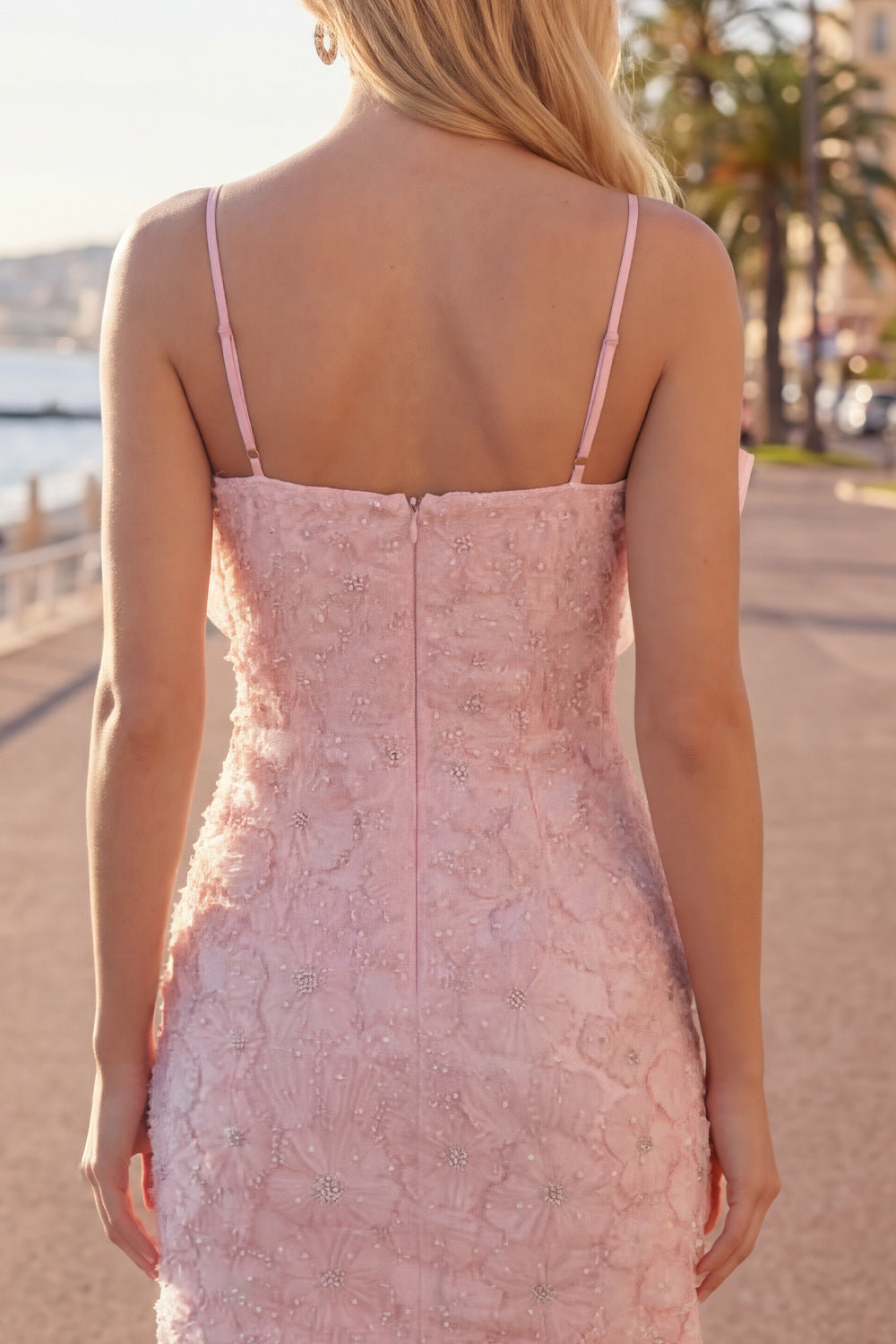 Sparkly Pink Floral Short Tight Spaghetti Straps Homecoming Dress with Pearls