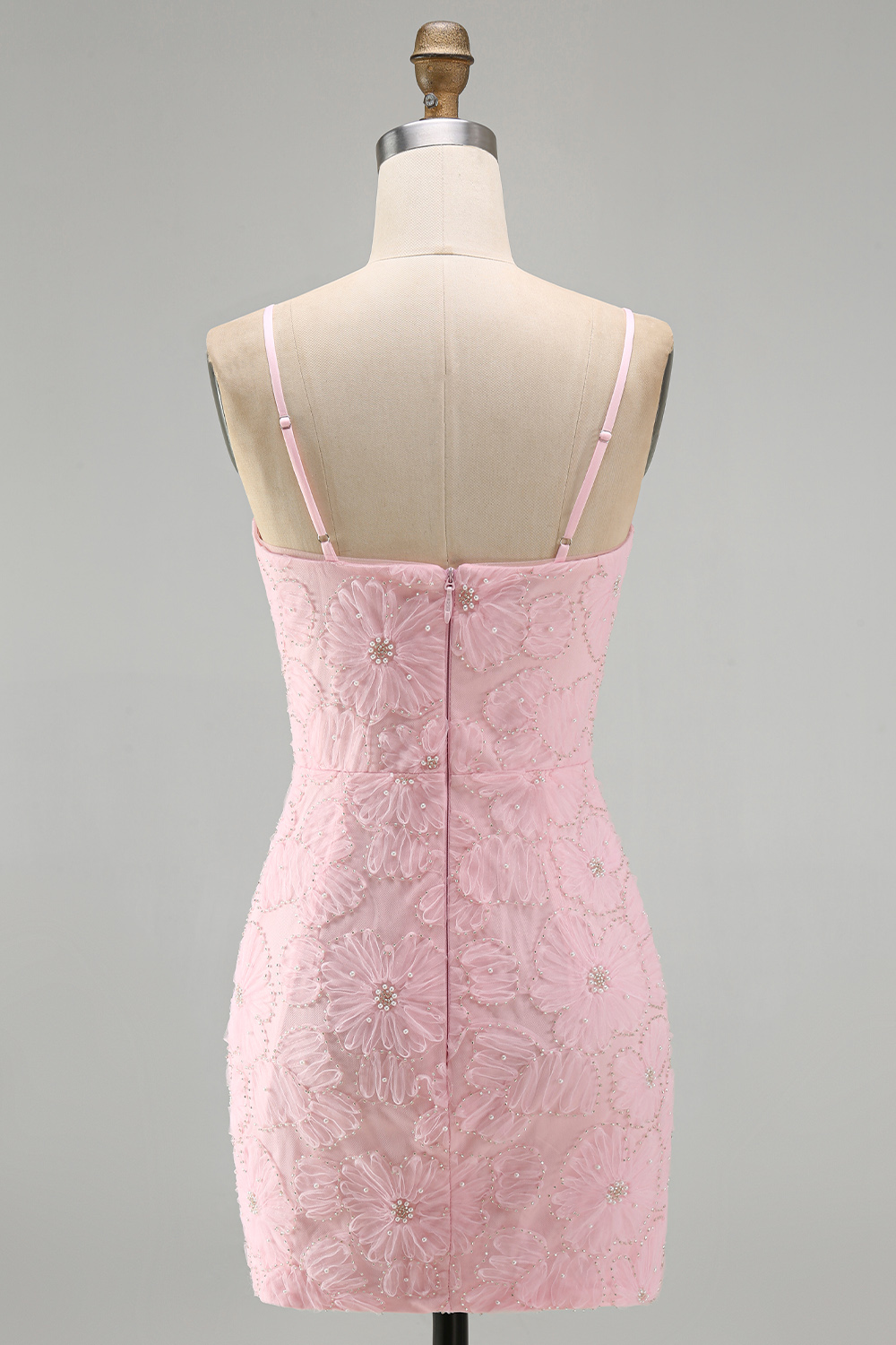 Sparkly Pink Floral Short Tight Spaghetti Straps Homecoming Dress with Pearls