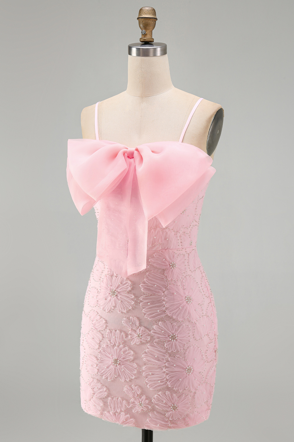 Sparkly Pink Floral Short Tight Spaghetti Straps Homecoming Dress with Pearls