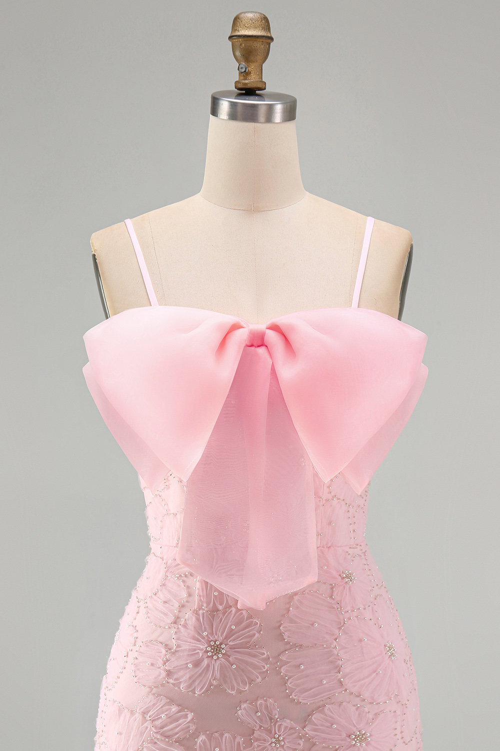 Sparkly Pink Floral Short Tight Spaghetti Straps Homecoming Dress with Pearls