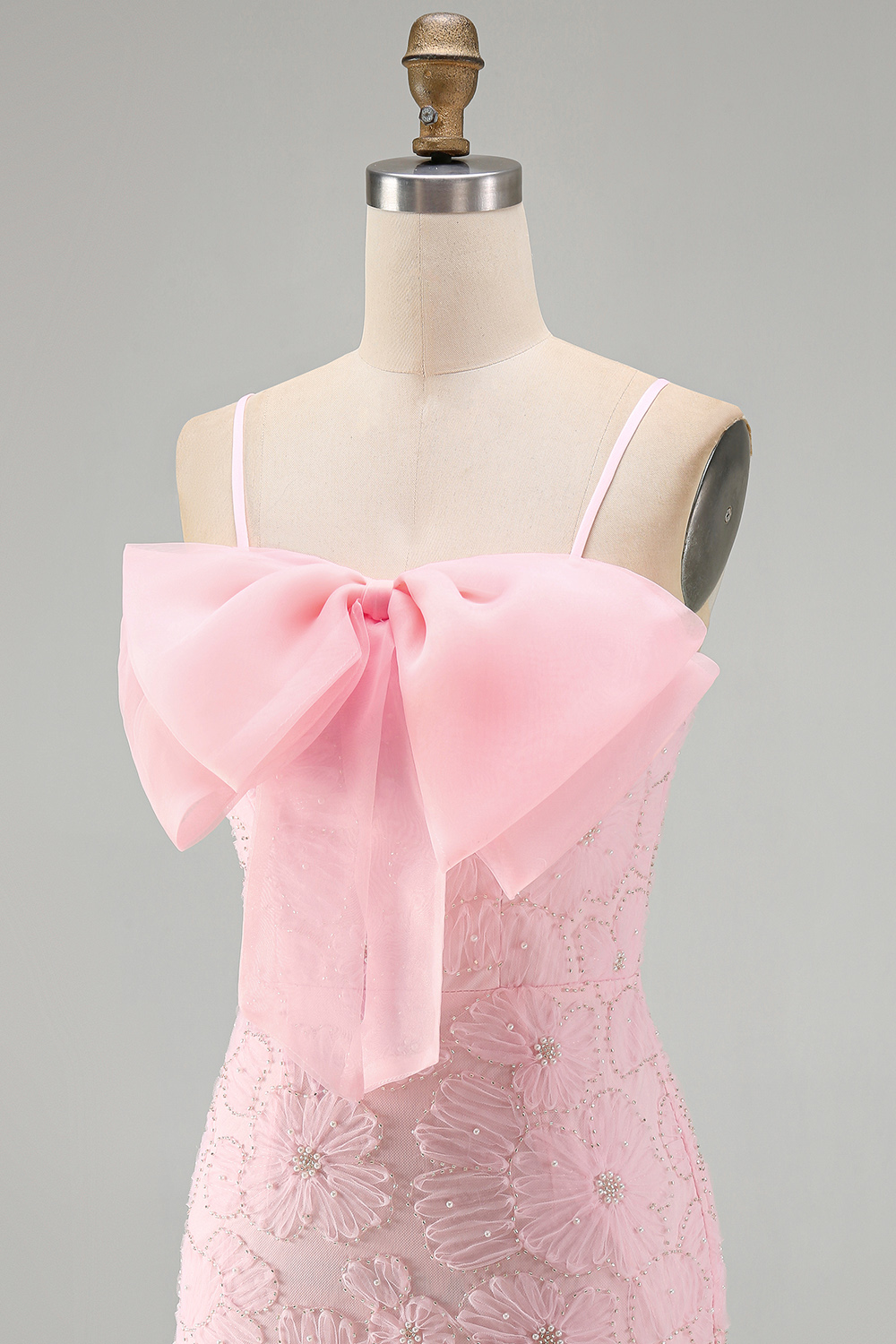 Sparkly Pink Floral Short Tight Spaghetti Straps Homecoming Dress with Pearls