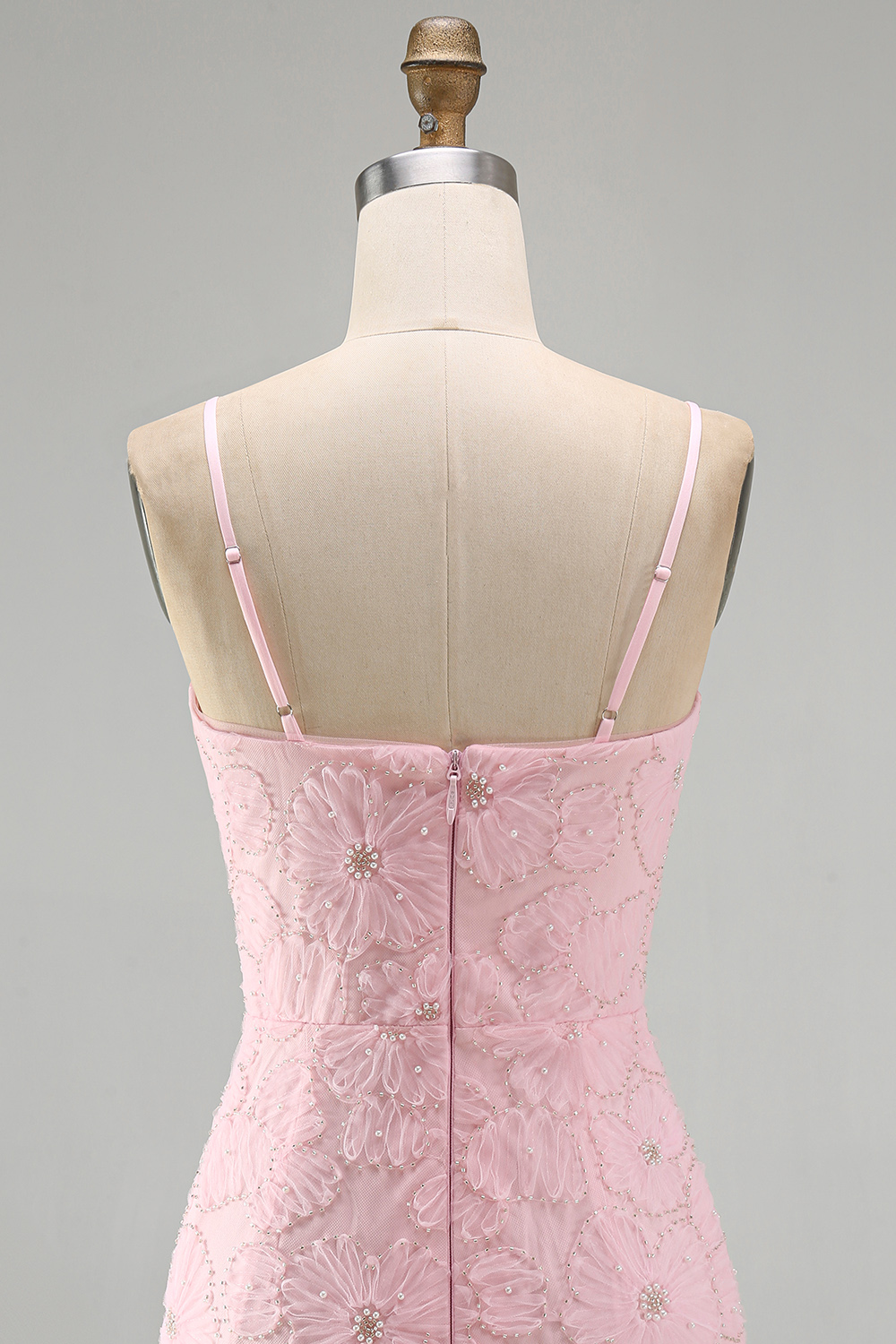 Sparkly Pink Floral Short Tight Spaghetti Straps Homecoming Dress with Pearls