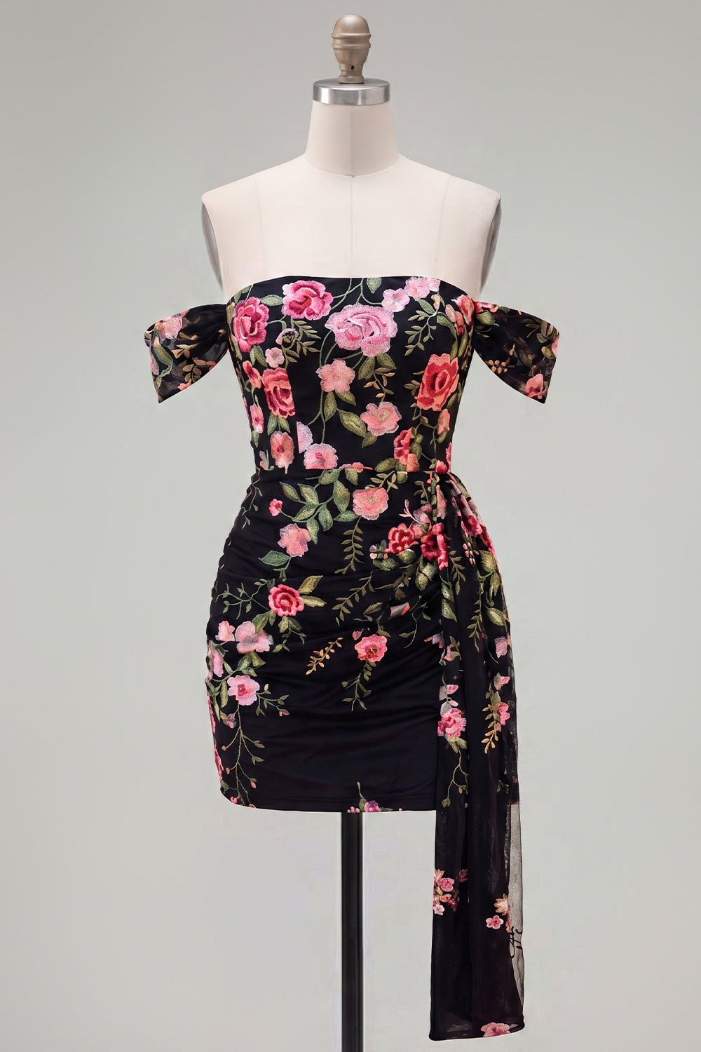 Green Floral Tight Short Off the Shoulder Homecoming Dress with Sash