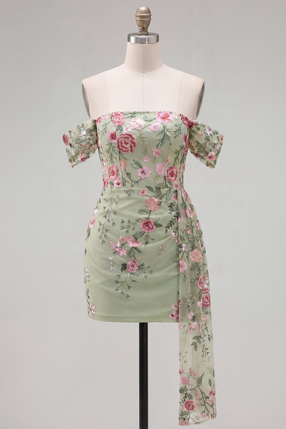 Green Floral Tight Short Off the Shoulder Homecoming Dress with Sash