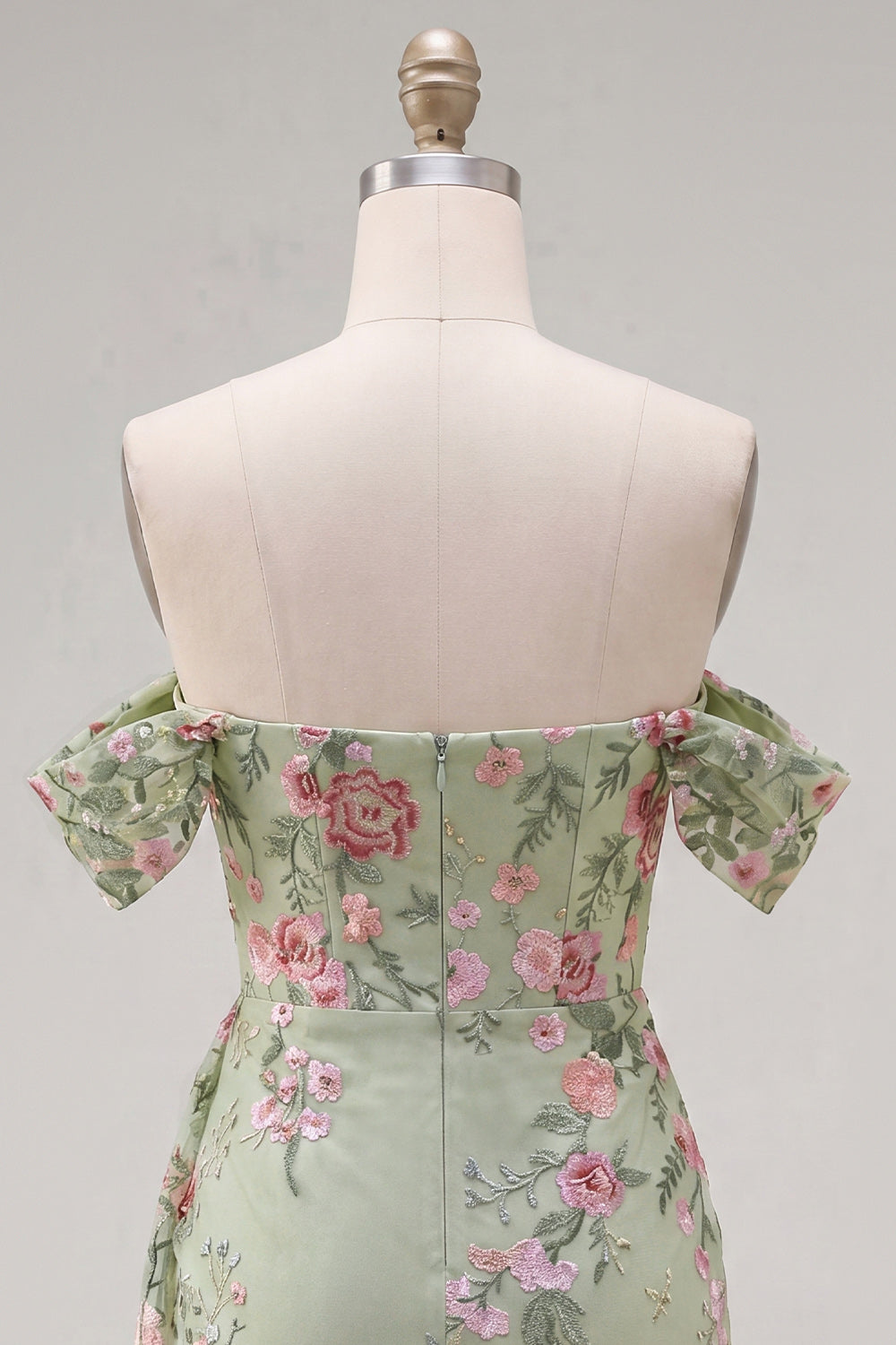Green Floral Tight Short Off the Shoulder Homecoming Dress with Sash