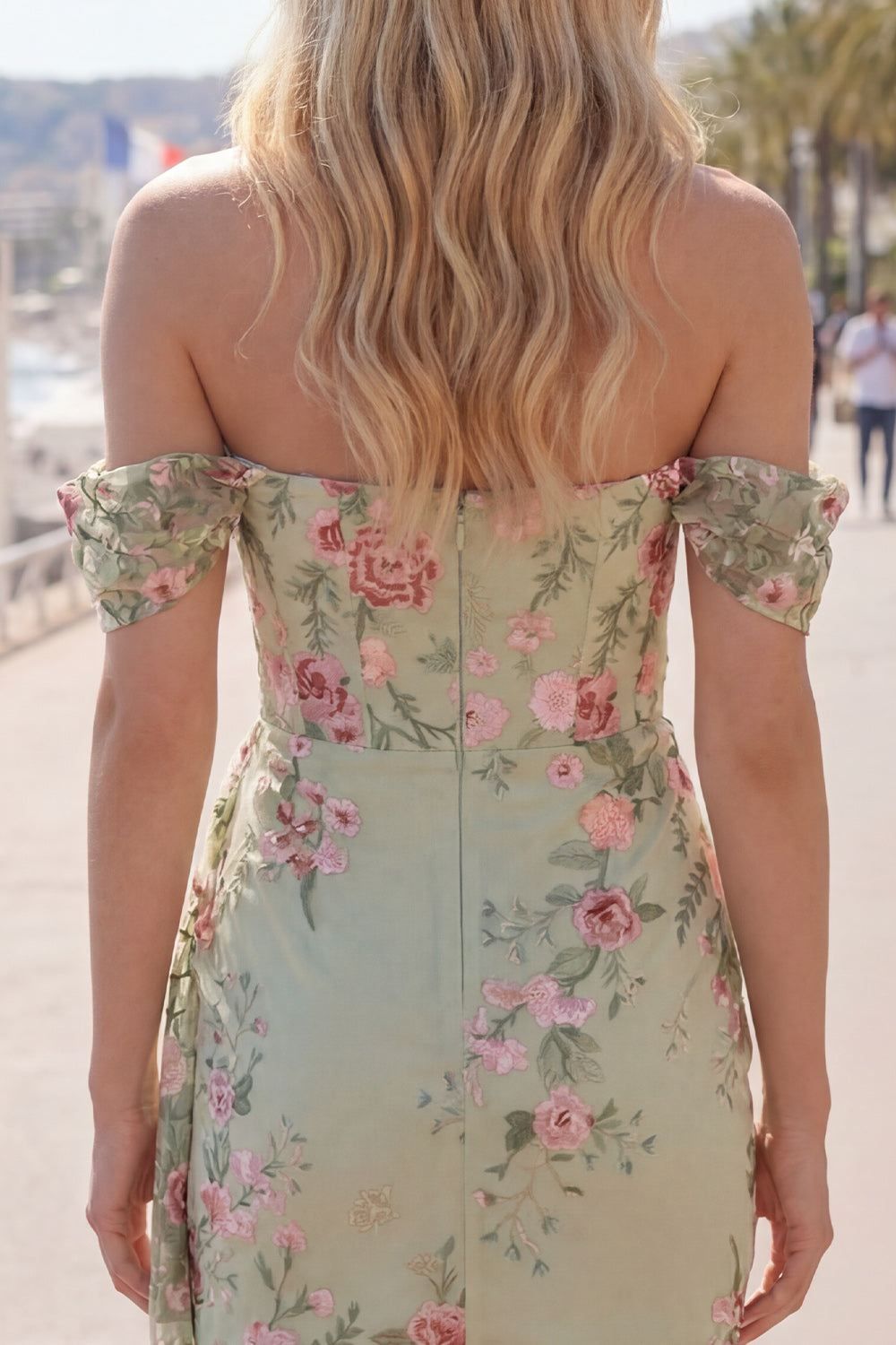 Green Floral Tight Short Off the Shoulder Homecoming Dress with Sash