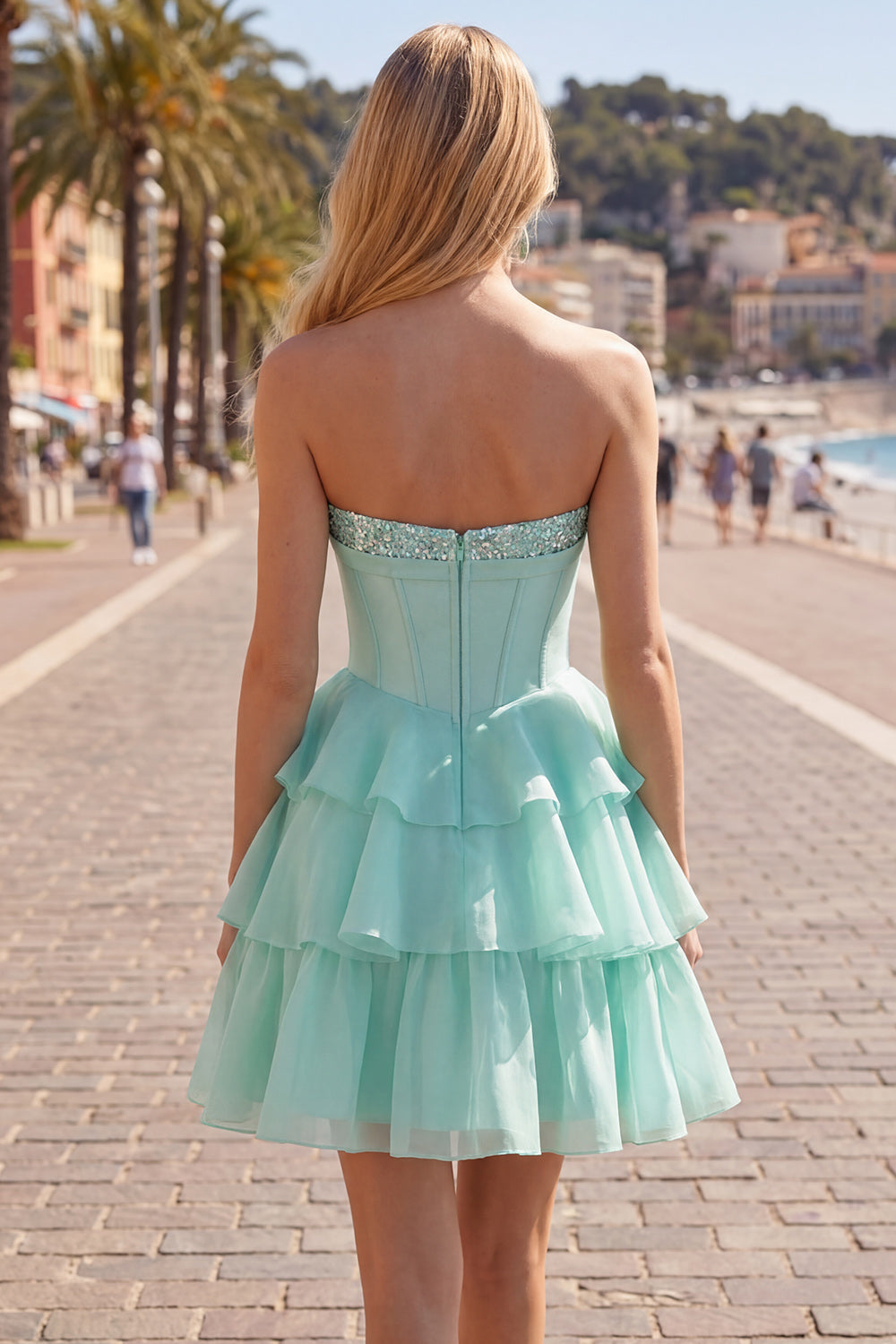Mint Corset Short Strapless A Line Beaded Homecoming Dress with Ruffles
